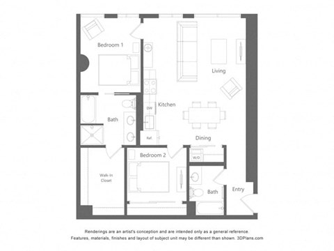 Floor plan for 1 bed, 2 baths, 1128 sqft